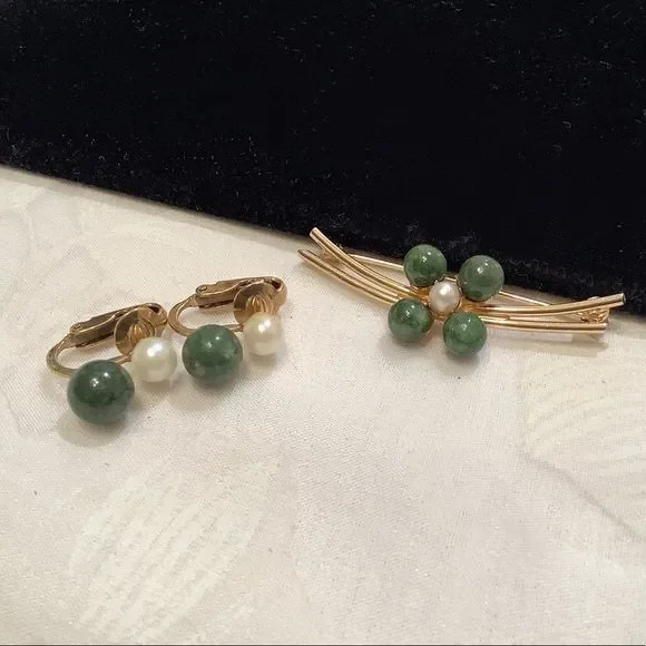 Vintage Burt Cassell 12K GF Jade And Pearl Set - Picture 4 of 6